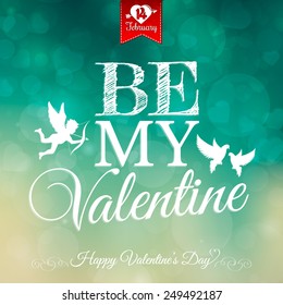 Happy Valentine's Day card with lettering, cupid and doves. vector illustration