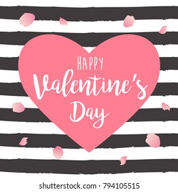 Happy Valentine's Day card with lettering in a heart shape and striped background with petals - vector illustration design template