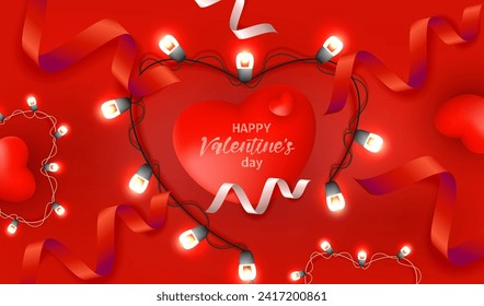 Happy Valentine's Day card with light lamps, red hearts and ribbons background. Vector Holiday illuminated frame made of garland wire love design.
