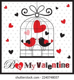 Happy valentine's day card with love birds in the cage and hearts