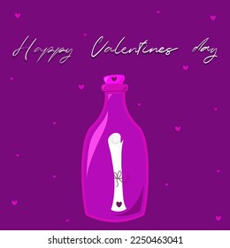 Happy Valentines Day card with love note in glass bottle. Greeting postcard