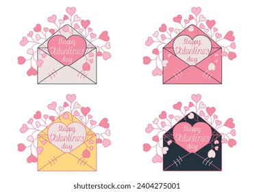 Happy Valentine's day card with love message, hearts and flowers isolated on white background. Cute envelope with hand writing lettering and different colors. Vector illustration. Set. Not AI created.