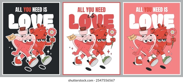 Happy Valentine's Day card with love potion and human heart. Flyer, poster, print or greeting card in trendy groovy style. Love concept.