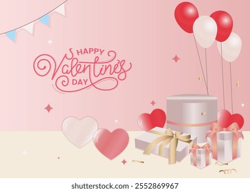 Happy valentine's day card. love letter on a cake stand, surrounded by balloons and gift boxes. Perfect for Valentine's or Mother's Day.