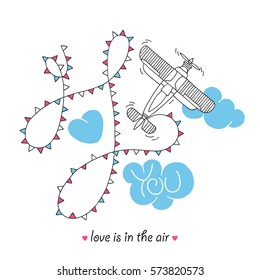Happy Valentine's day card. Love day hand drawing vector card with cute air plane.