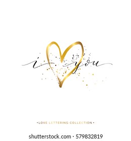 Happy Valentines Day card, i love you text with gold heart and splashes, vector golden love lettering for greeting card, invitation, wedding, save the date, poster, handwritten calligraphy