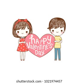 Happy valentine's day card with lovely couple young cute girl and boy holding pink big heart and smiling to each other. Love card. Isolated on white background. Flat design. Vector illustration