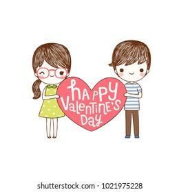 Happy valentine's day card with lovely couple young cute girl and boy holding red big heart and smiling to each other. Love card. Isolated on white background. Flat design. Vector illustration.
