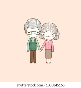 Happy valentine's day card with lovely old couple cute man and woman holding hands and smiling to each other. Valentine's day card. Flat design. Vector illustration.