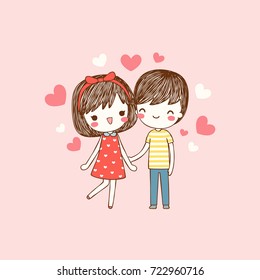 Happy valentine's day card with lovely couple young cute girl and boy holding hands and smiling to each other. Love card. Isolated on pink background. Flat design. Vector illustration.