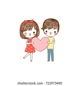 Happy valentine's day card with lovely couple young cute girl and boy holding pink big heart and smiling to each other. Love card. Isolated on white background. Flat design. Vector illustration.