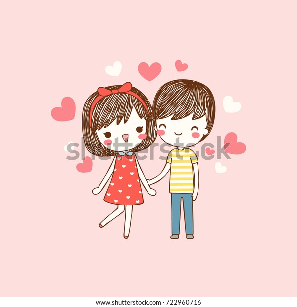 かわいいカップルのかわいい女の子と男の子が手を取り合い 微笑み合う幸せなバレンタインのデーカード ラブカード ピンクの背景に フラットデザイン ベクター イラスト のベクター画像素材 ロイヤリティフリー