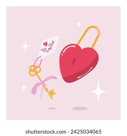 Happy valentine's day card. Modern abstract art design with hearts. Vector lock, key ball groovy style. 90's,80's, 70's. Templates for celebration, ads, branding, banner, cover, label, poster, sales