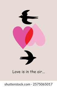 Happy Valentine's Day card. Modern art design with two birds and flowers, love and typography.Template for ads, branding, banner, cover, label, poster print