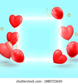 Happy Valentine's Day card. Neon square, realistic red and pink balloons, golden hearts and confetti on blue background. Vector illustration with 3d decorative objects for Valentine's Day.