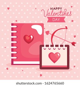 happy valentines day card with notebook and decoration vector illustration design