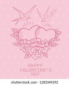 Happy Valentine's Day card with old school tattoo style. Editable vector illustration