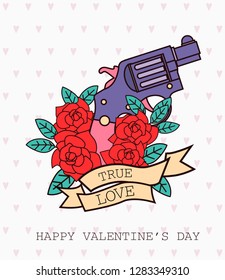 Happy Valentine's Day card with old school tattoo style. Editable vector illustration