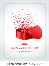 Happy Valentine's day card and open heart gift and flow hearts vector background