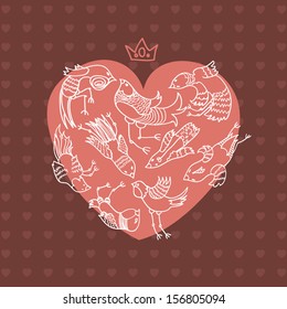 happy valentines day card with ornaments, hearts, birds and crown