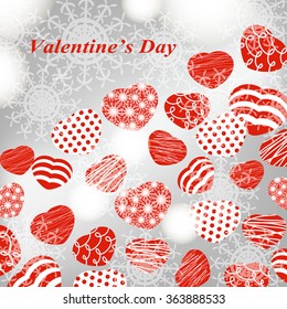 Happy Valentine's Day card with ornaments, hearts.