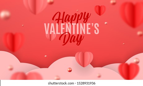 Happy Valentine's Day card in paper art style. Holiday banner with paper hearts and clouds. Festive vector illustration with pink and red balls.