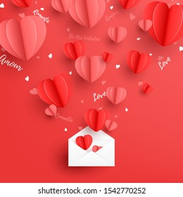 Happy Valentine's Day card in paper art style. Holiday banner with 3d red and pink paper hearts and white envelope. Festive vector illustration with flying hearts.