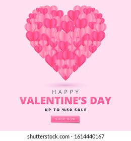 Happy Valentine's Day card in paper art style. Holiday banner with paper hearts. Festive vector illustration.
