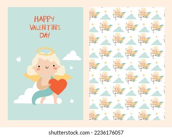 happy valentine's day card and pattern.  vector set of decorative cards with angel,cupid,clouds,heart.