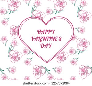 Happy Valentine`s day card. Pink and green design frame with roses. Vector illustration.