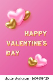 Happy Valentines Day card with pink and gold hearts and gold paper foil letters