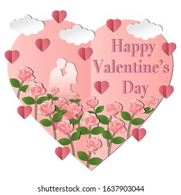 Happy Valentine's day card with pink rose  garden and hearts paper craft decoration.