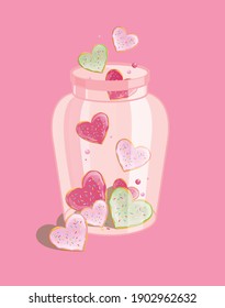  Happy Valentine's Day card with pink bottle with donut hearts on the pink background 