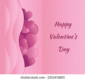 Happy valentine's day card in pink color with hearts and abstract pattern