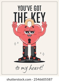 Happy Valentine's Day card with pink lock in the shape of a heart character. Flyer, poster, print or greeting card in trendy groovy style. Love concept.