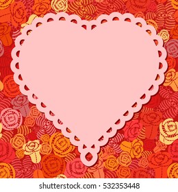 Happy Valentines Day card. Pink heart. Orange rose flower on a red background. Place for text.