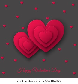 Happy Valentines day card with pink  cut paper hearts.  Vector  illustration for banners, party invitation  flyer,  greeting postcard.
