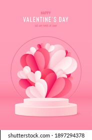 Happy Valentines Day card with podium stage and circle frame with 3d paper hearts. Vector holiday design template. Pink concept sale banner or greeting card. 