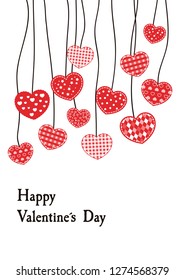 Happy valentines day card. Poster of Hearts with stitching. Vector illustration.