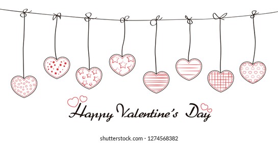 Happy valentines day card. Poster of Hearts with stitching. Vector illustration.