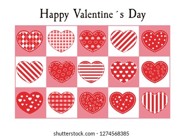 Happy valentines day card. Poster of Hearts with stitching. Vector illustration.