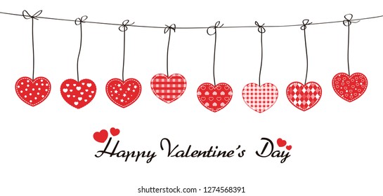 Happy valentines day card. Poster of Hearts with stitching. Vector illustration.