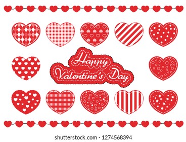 Happy valentines day card. Poster of Hearts with stitching. Vector illustration.