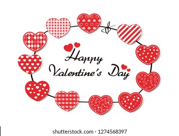 Happy valentines day card. Poster of Hearts with stitching. Vector illustration.