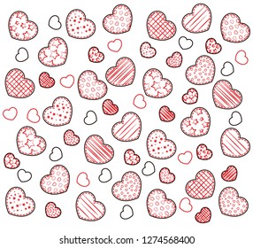 Happy valentines day card. Poster of Hearts with stitching. Vector illustration.