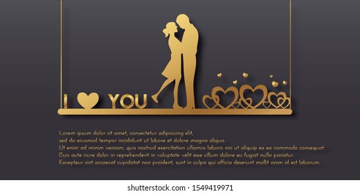Happy Valentine's day Card, Poster, Banner with Gold in paper cut style. Vector illustration