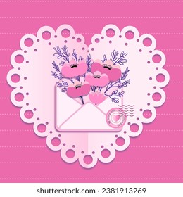 Happy Valentine's day card poster or voucher. Beautiful paper cut  with white heart frame on pink background. Vector illustration. Papercut style. Place for text