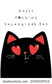 happy valentines day card or poster with sarcastic black cat, vector handdrawn illustration