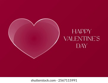 Happy Valentines Day card, poster. February 14 romantic vector illustration. Valentine greeting card design with glass heart shape. Love symbol transparent and glossy. Matte glass effect