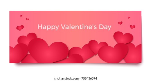 Happy Valentine's day card, poster, broshure or flyer, header or banner template. Red 3d hearts on pink background, vector illustration.